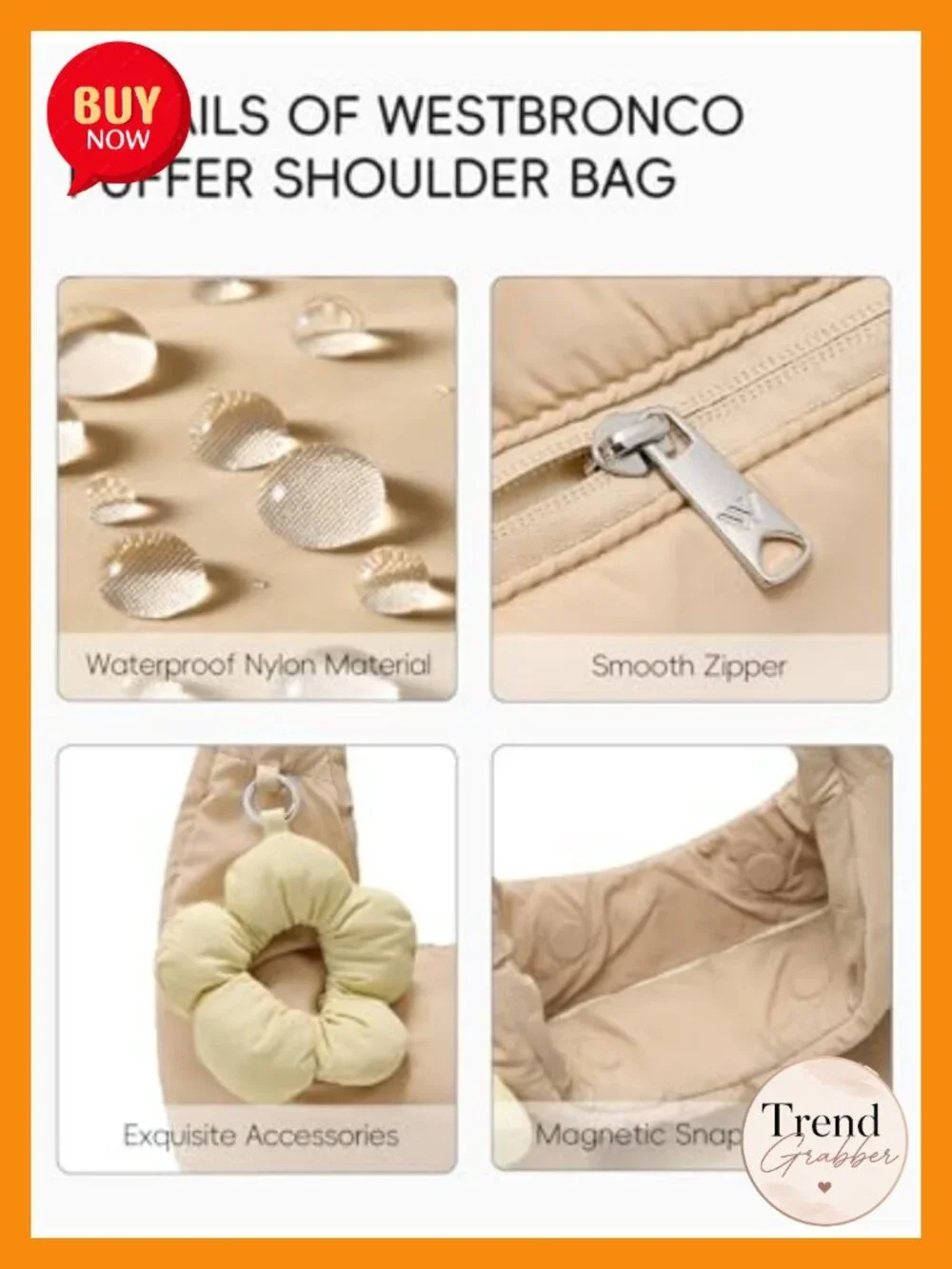 Puffer Hobo Shoulder Bag with Flower Keychain, 14
